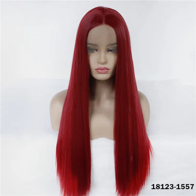 Red Synthetic Lacetal Wig Symulacja Ludzkich Włosów Koronki Przednie Peruki 12 ~ 26 cali Silky Stright Pelucas 18123-1557