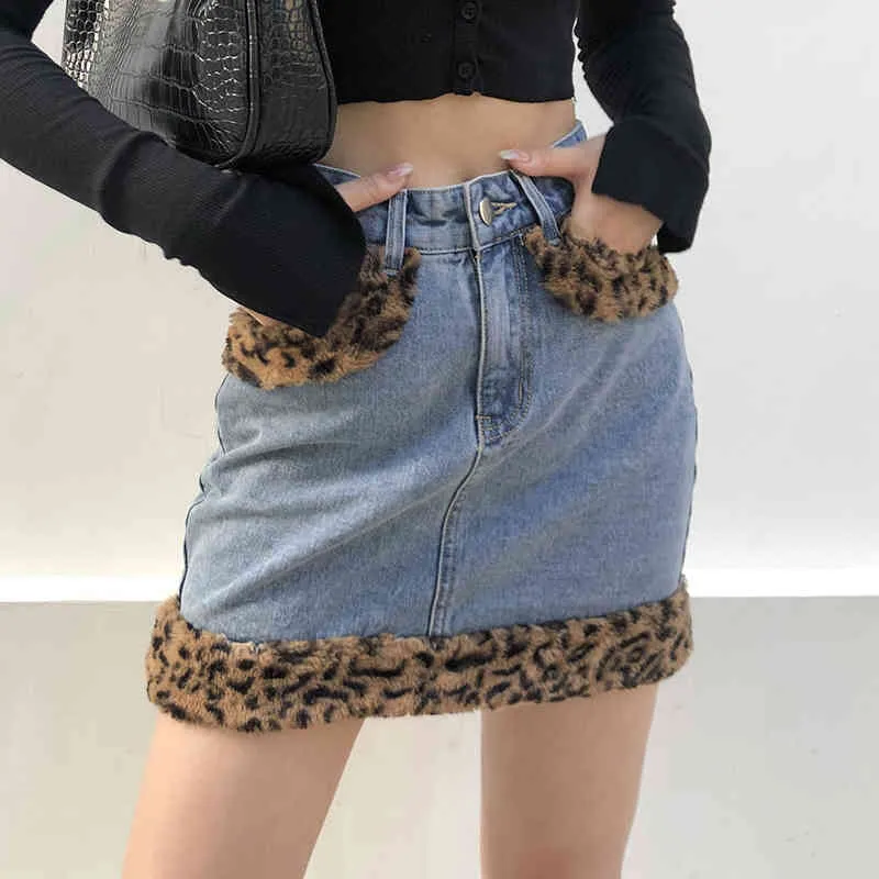 Vintage Leopard Faux Fur Patchwork High-Waisted Skirts Women Lady Trendy Harajuku Denim Pocket Pencil Mini Skirts Saias 210415