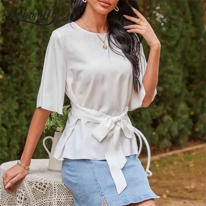 O-Neck Keyhole Back Butterfly Sleeve Chiffon Blus Kvinnor Sommar Koreansk stil Casual Belted Ladies Toppar och Blusar 210510