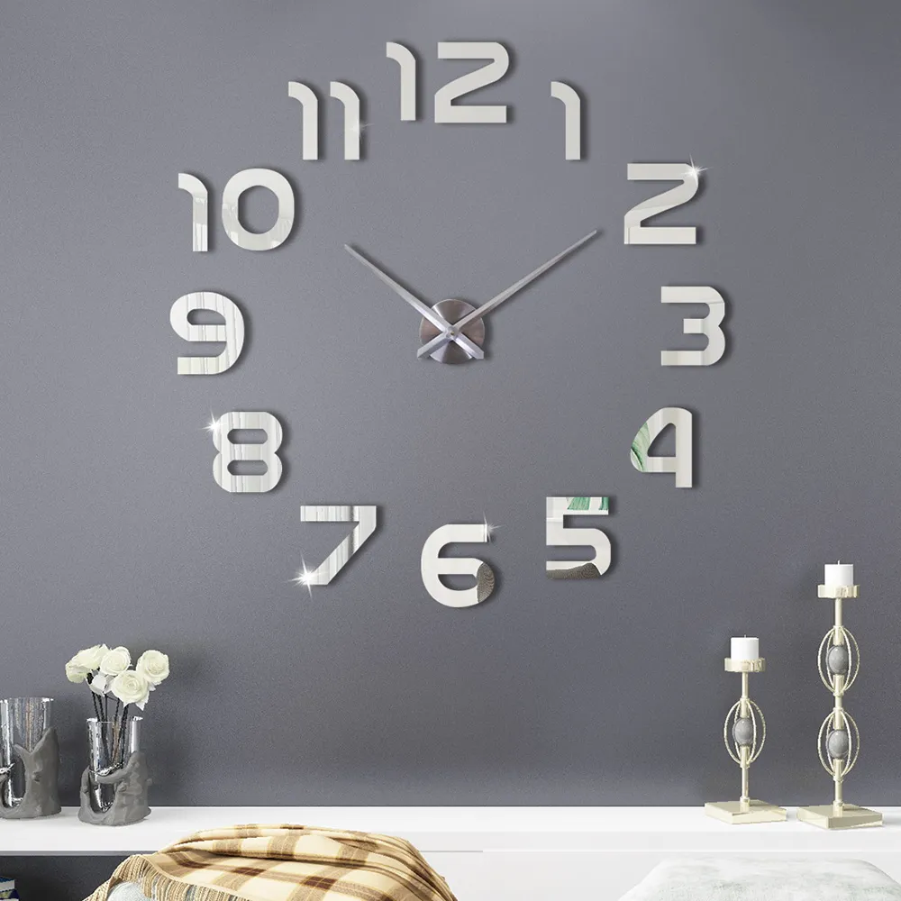 큰 벽 시계 현대 디자인 DIY 3D 스티커 시계 조용한 홈 장식 거실 큰 아크릴 시계 실버