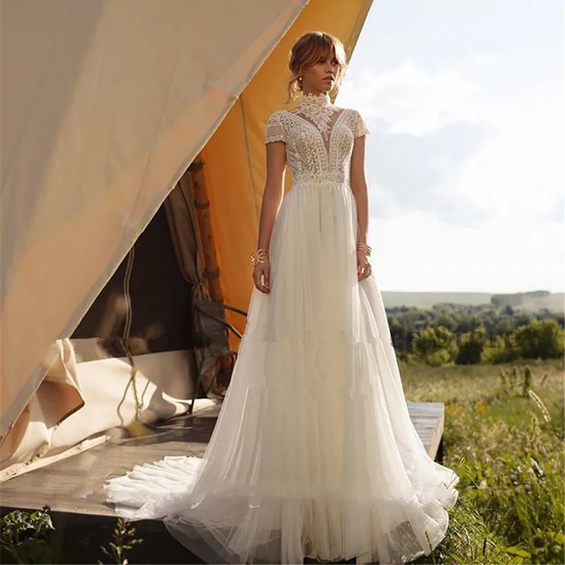 Elegant Boho Beach A Line Wedding Dresses Bridal Gowns High Neck Short Sleeve Lace Tulle Bohemian Bride Dress 2022 Spring Summer Garden Outdoor Vestidos De Novia