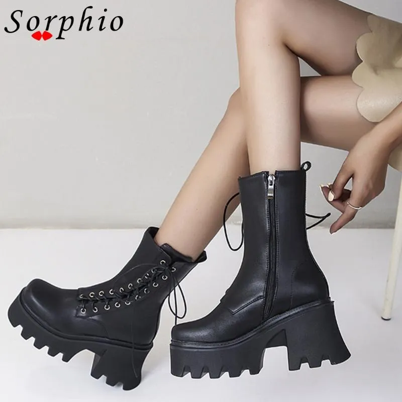 訳あり箱なし ブーツレディースファッションエレガントなレースアップストランスタイル足首popubrrゴスシューズ 女性チャンキーヒールプラットフォームウェッジブランド 最安値 靴 付属品 ブーツ Viskasprekybai Lt