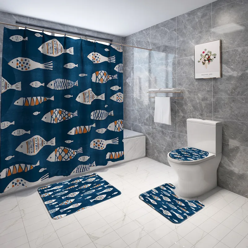 Bemalte Badezimmer-Bodenmatte, Duschvorhang, 4-teiliges Set, Fischflock-Polyester, Fabrikpreis, Expertendesign, Qualität, neuester Stil, Originalstatus