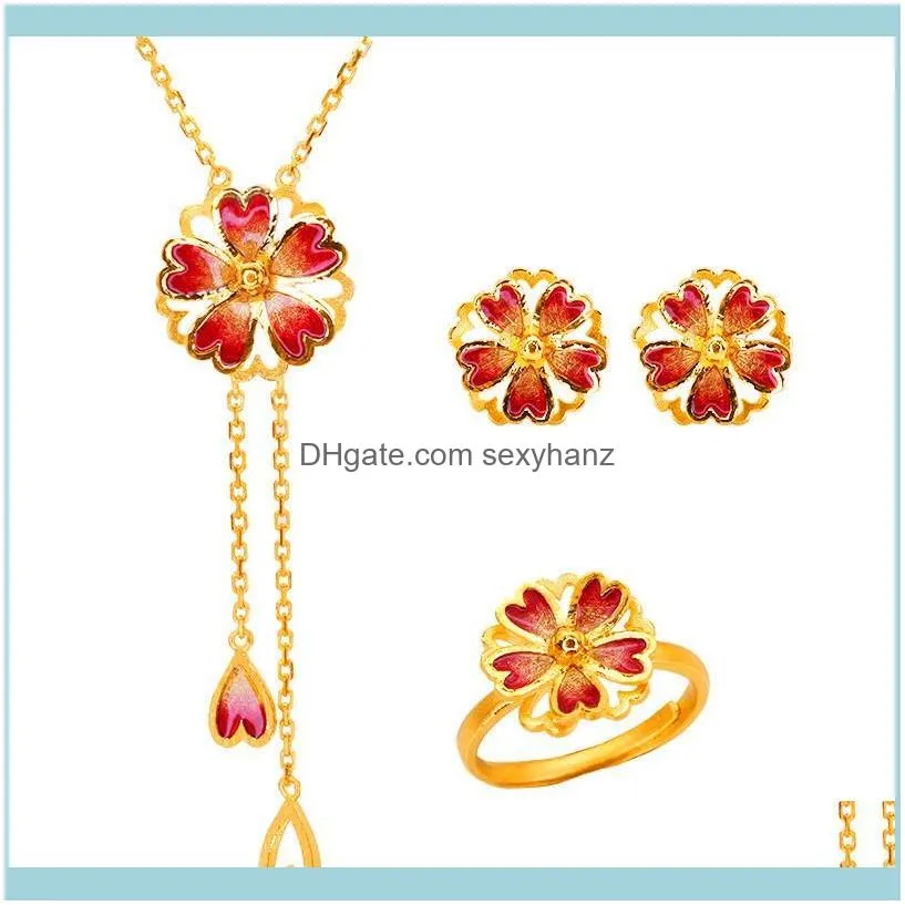 Luxury Female Red Enamel Jewelry Set Charm Gold Color Wedding Stud Earrings For Women Cute Bridal Flower Chain Necklace Ring &