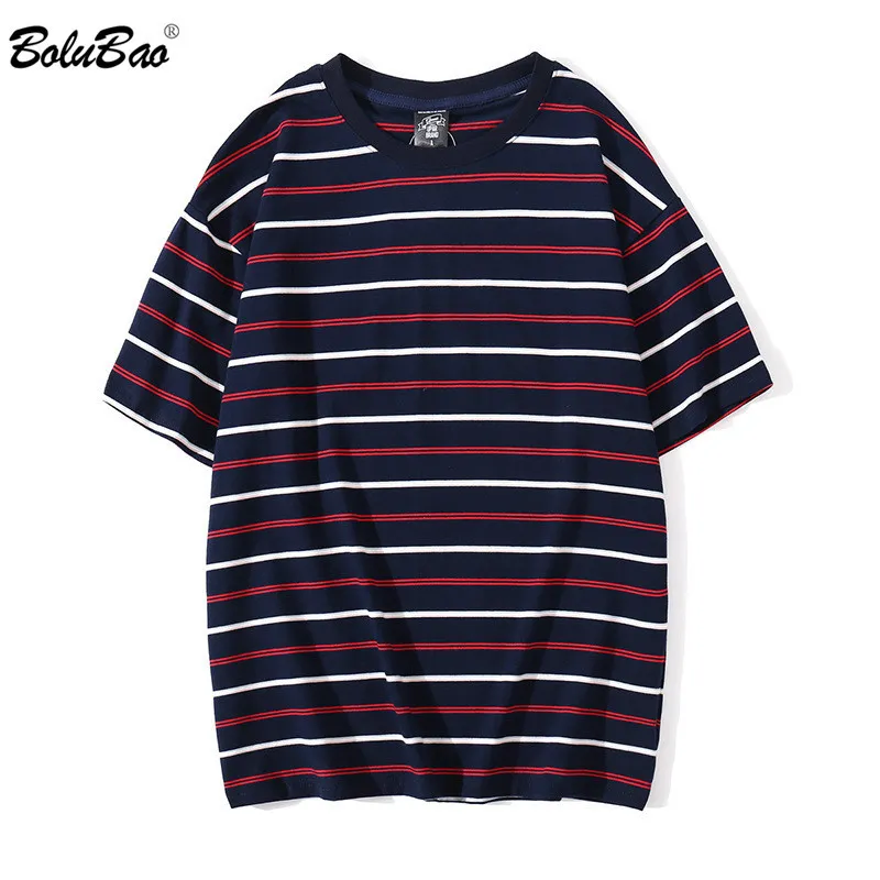 Bolubao Letnie Mężczyźni Krótki Rękaw Koszulki Męska Stripe Lato T Shirt Casual Street Clothing Loose Męskie Tees Topy 210518