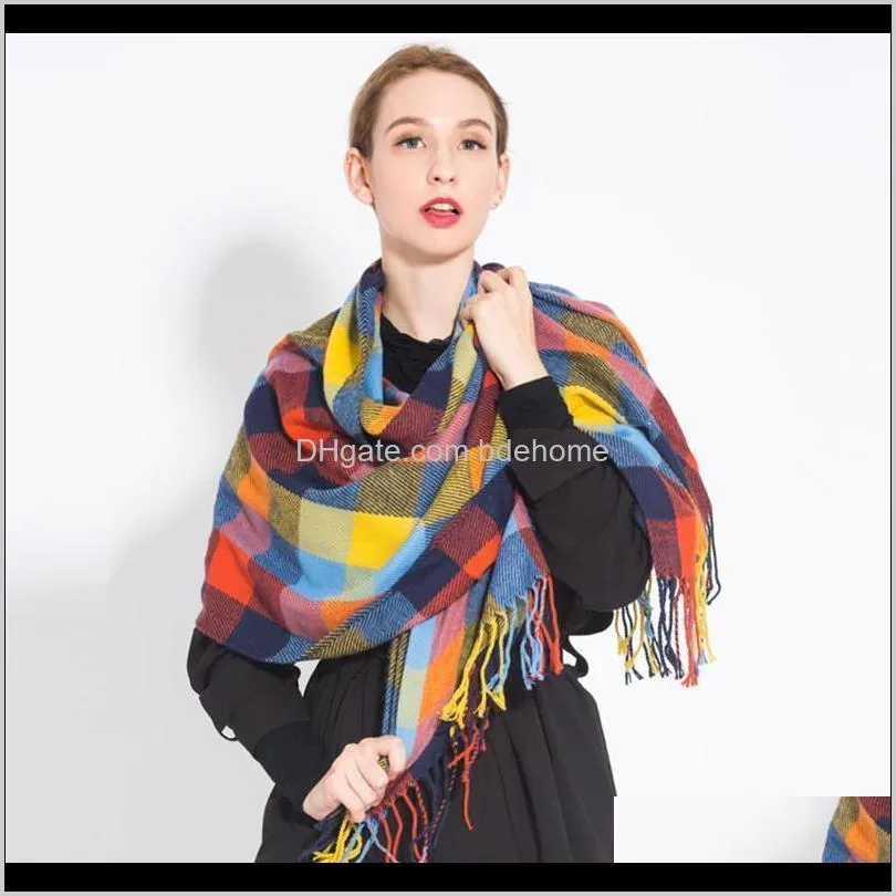 Kapelusze, Rękawice Moda Aessories Drop Dostawa 2021 Plaid Zima Kaszmir Kaszmirowy Szalik Kobiety Neck Head Scarves Casual Długi Tassel Szaliki Dla Panie