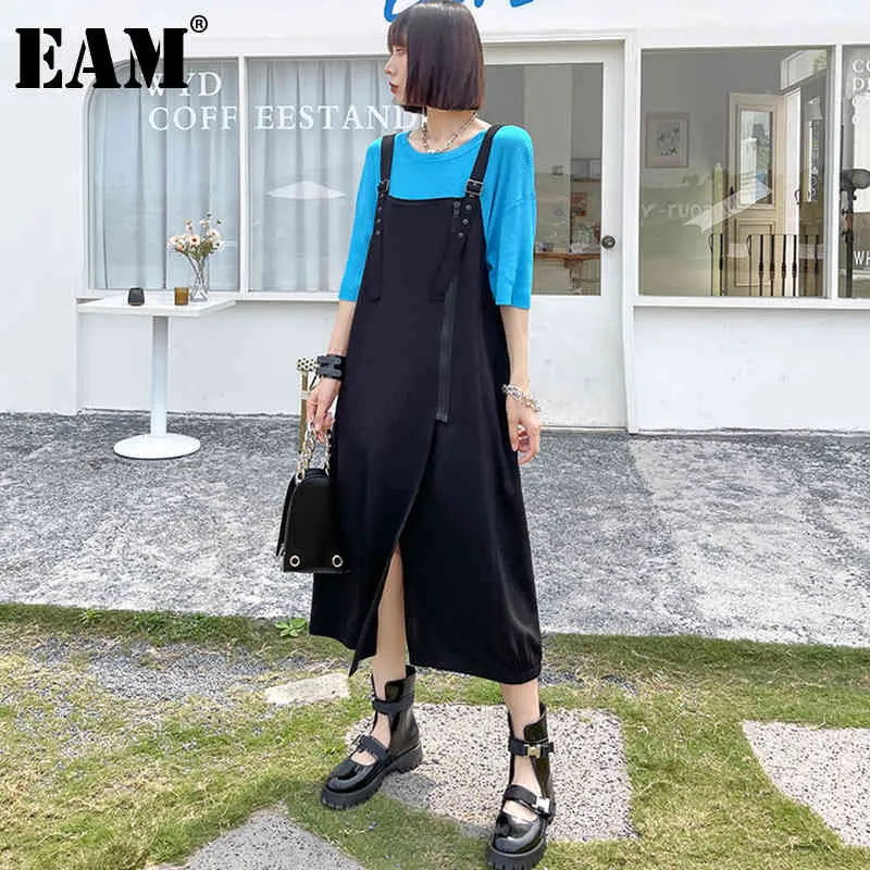[EAM] Women Black Slit Zipper Irregular Casual Dress Slash Neck Sleeveless Loose Fit Fashion Spring Summer 1DD8268 210512