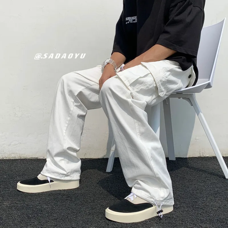 Styles noirs / blanc décontracté mode lâche droite jambe masculine streetwear hip-hop poche pantalon de cargaison masculine