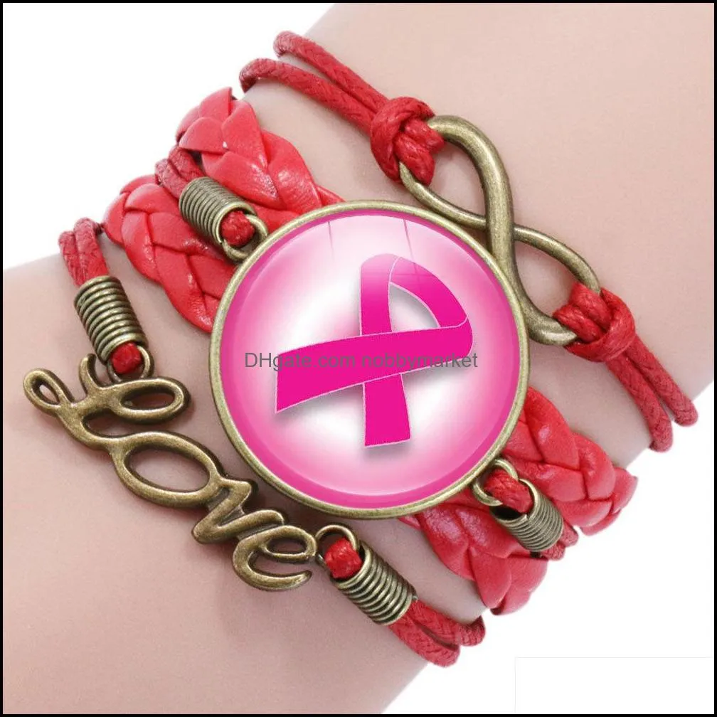 New Pink Ribbon Breast Cancer Awareness Bracelets For Women Faith Hope Cure Believe Charm Bangle Fashion Inspirational Jewelry