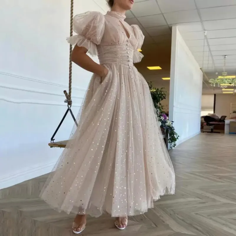 Save Big on Bulk High Neck Short Prom Dresses Vintage High Neck Starry  Pastel Prom Dresses For Women Girls Short Sleeves A Line Princess Evening  Gowns