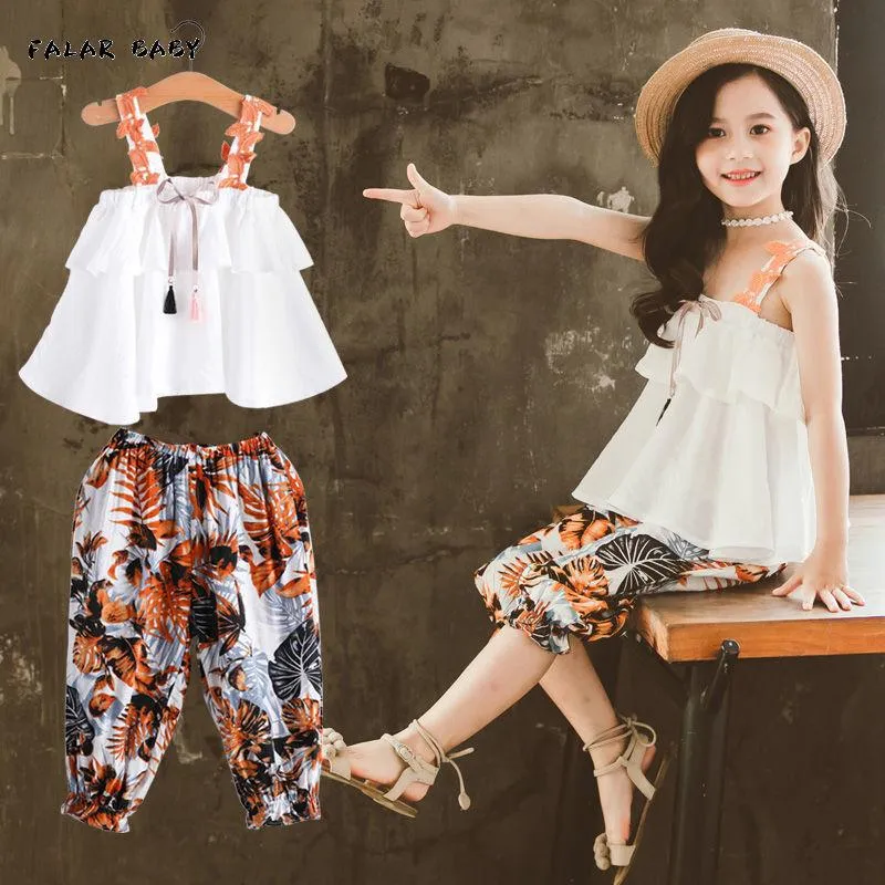 Adolescente fille vêtements été enfants mode fronde hauts pantalons à  fleurs deux pièces ensemble enfants costume filles tenues 4 5 8 9 10 12 ans