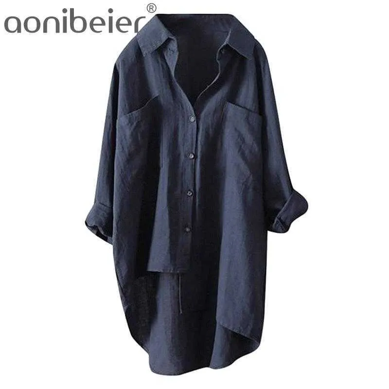 Asymmetrische blouses lente zomer plus size vrouwen hoog low shirt borstzakken knop voorzijde lange mouw casual tops 210604