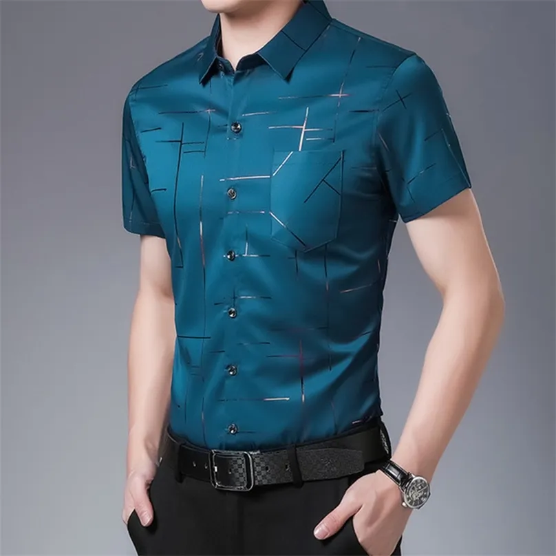 Merk Casual Zomer Luxe Bronz Print Korte Mouw Slim Fit Mannen Shirt Streetwear Social Dress Shirts Mens Fashions Jersey 210626