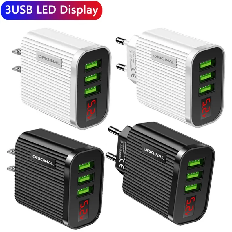 5V 3A LED Display 3 Port AC Home Travel Wall Charger Power Adapter för iPhone Samsung Huawei Android Phone PC Fabrikspris