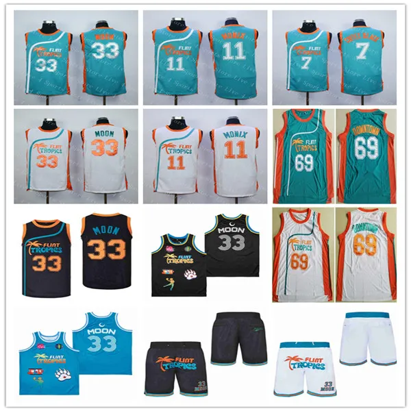 Man Semi Pro Movie Flint Tropics Maglie da basket 33 Jackie Moon 7 Coffee Black 11 ED Monix 69 Downtown Green White Black Blue Pocket Shorts