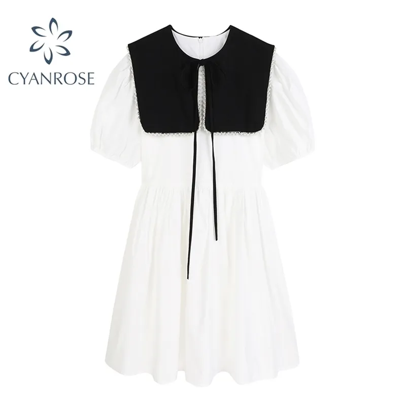 Tvådelad designer vit klänningar Kvinnors sommar mode Casual Pearl Black Bandage Sweet Korean Streetwear Vestiod 210515