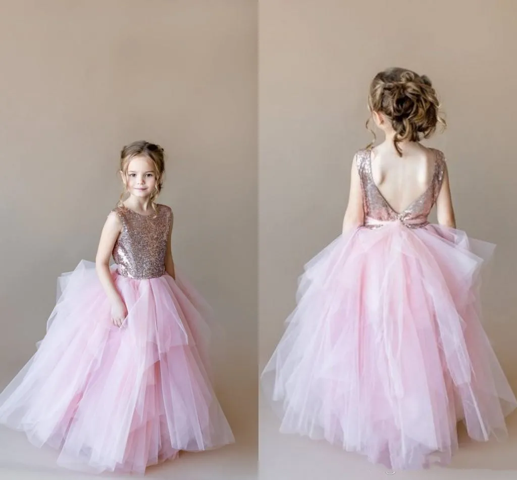 2021 fashion Rose gold Sequin Pink Tulle Flower Girls Dresses For Wedding Ruffles A line Jewel Neck V Backless Long First Communion Dress