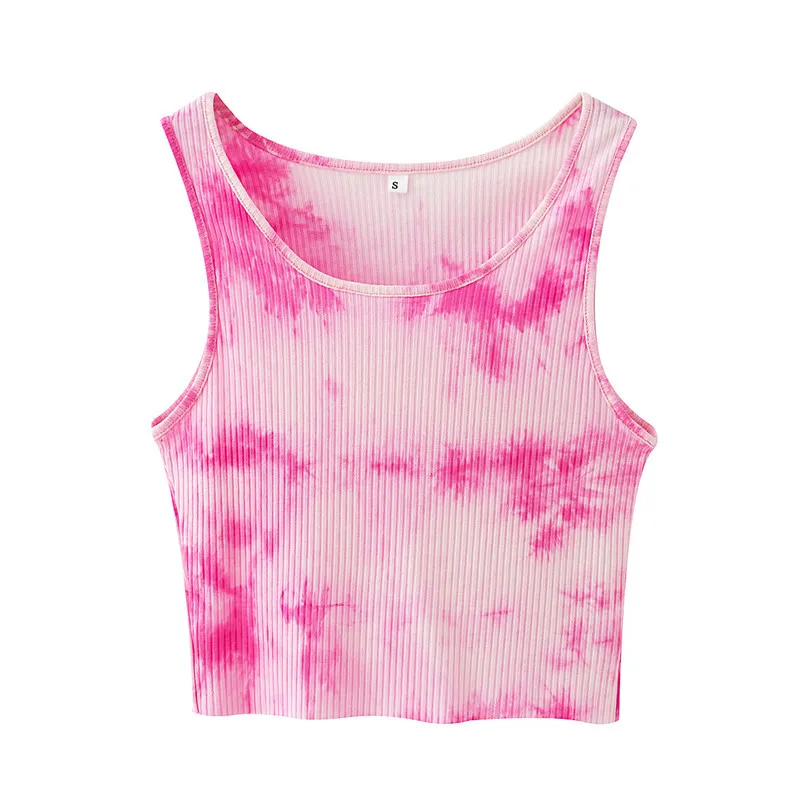 Sexy O Neck Letnie Dzianiny Crop Top Rękawów Kobiet Podstawowy Tie Dye Tank S Off Ramię Ognioberbed Dorywczo 210430