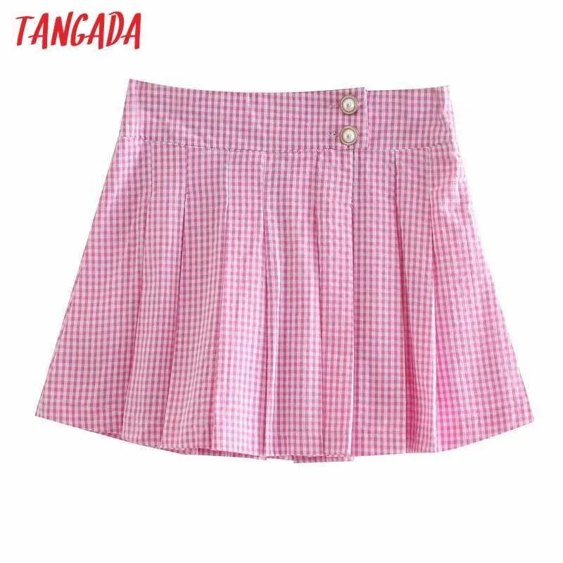 Tangada kvinnor rosa pläterade kjolar faldas mujer gyllene knappar kvinnlig mini kjol 3d18 210609