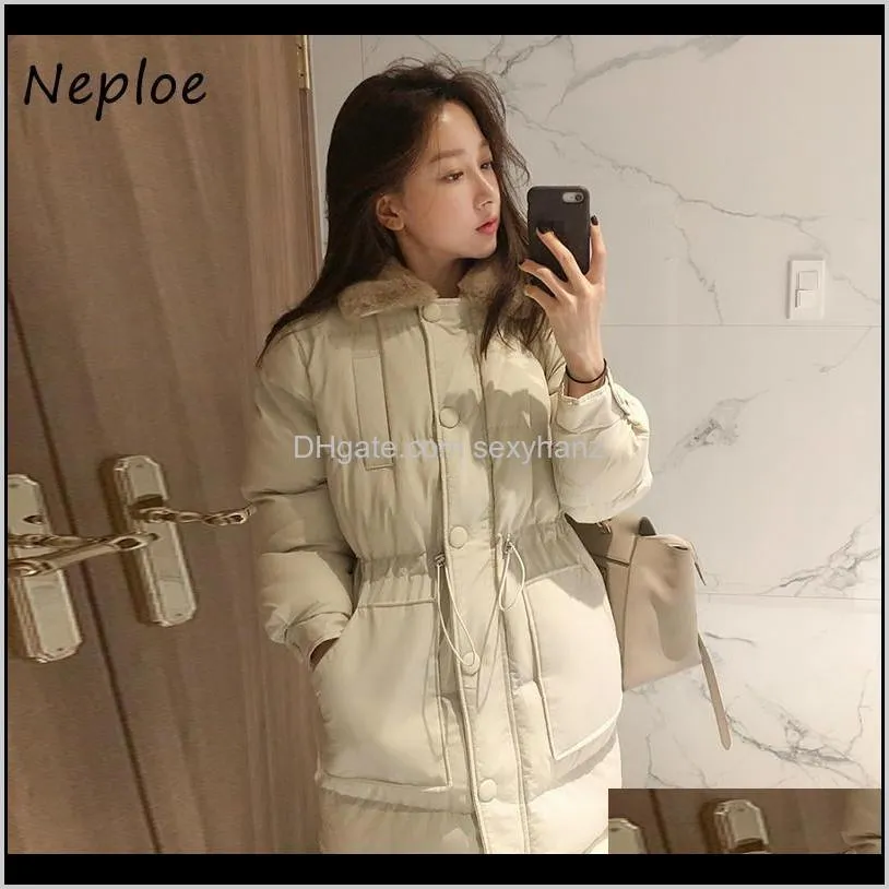neploe double pockets winter women jacket drawstring slim waist parkas 2021 vintage all-match turn-down collar cotton coat1
