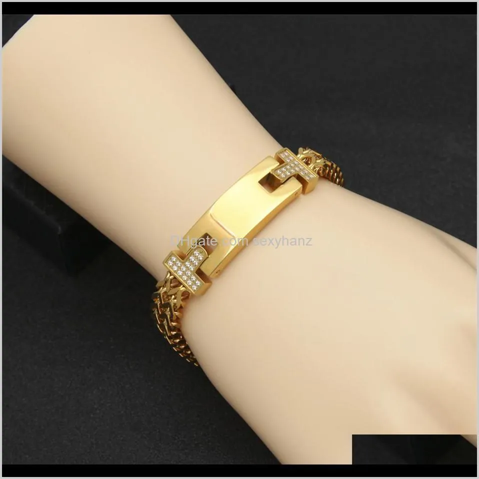10mm mens gold stainless steel chain link bracelet hip hop style inlay zircon wristband bangle fashion punk jewelry 20cm