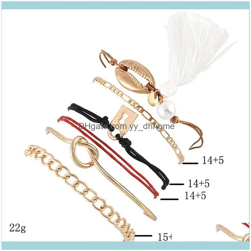 Link, Chain 6Pcs/Set Women Bracelets Set Boho Shell Knotted Key Pearl Tassel Leather Opening Bracelet Lady Fashion Party Bangle