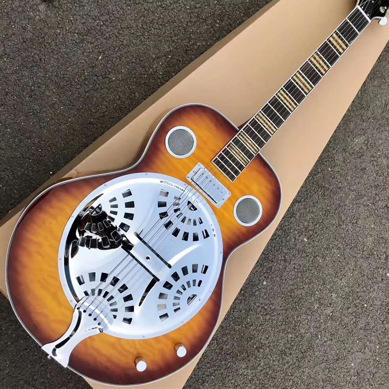 6 ciąży Dobro gitara z korea Montaż, model Hofner, Sunburst Top, Super Water Ripple Back, Resonator Steel Metal Top Mini Humbucker