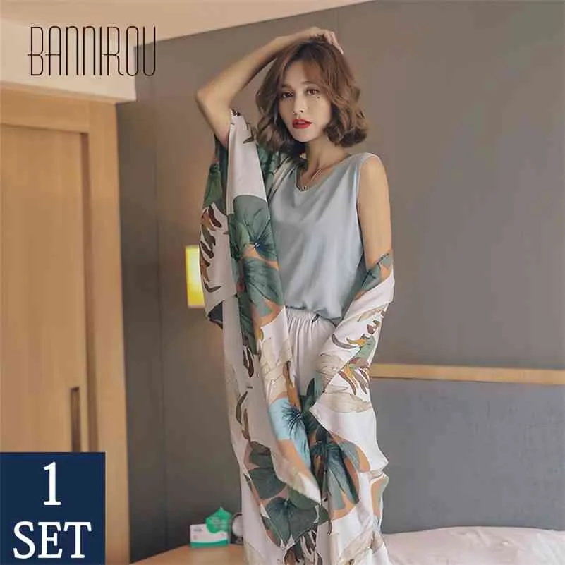 Bannirou 여자의 인쇄 잠옷 잠옷 세트 잠옷 100 % Viscose Sleepwear 여성의 밤 정장 잠옷은 새로운 4 조각 M-XL 210330을 설정합니다.