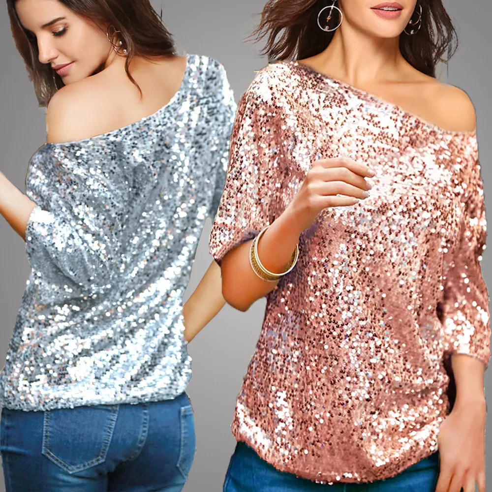 T-shirt da donna in tessuto glitterato con colori a contrasto, abbigliamento, abiti estivi, top da donna, camicia con spalle scoperte