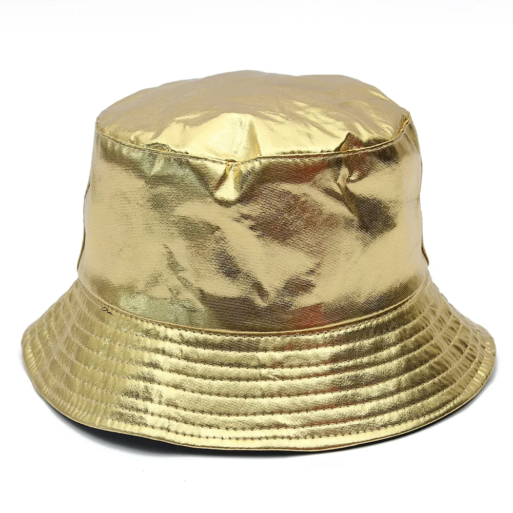 Goud en zilver harajuku omkeerbare emmer hoed meisjes mannen vrouwen mode lederen vissen cap outdoor zomer vissers hoeden