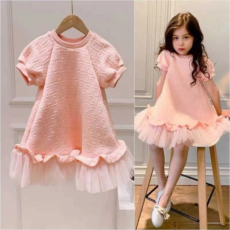 Children's Pink Casual Skirt Luxury Designer Brand Fashion Dress Girls Net Yarn Short-sleeved Princess Dress for Kids Q0716