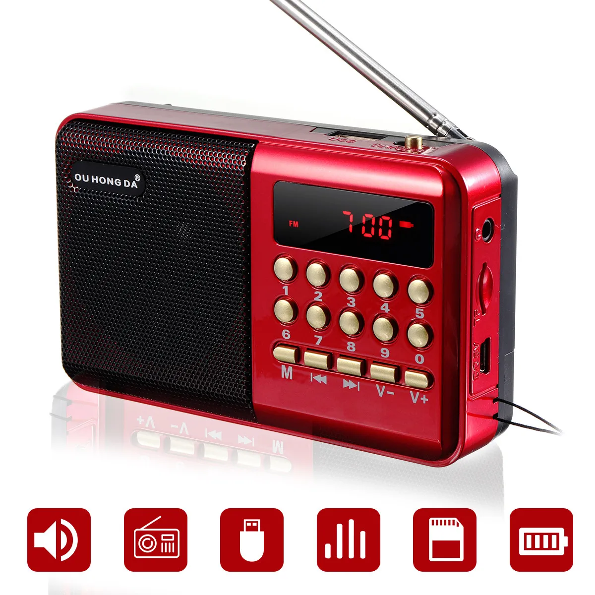 Mini portátil Radio Handheld Digital FM USB TF MP3 player orador recarregável