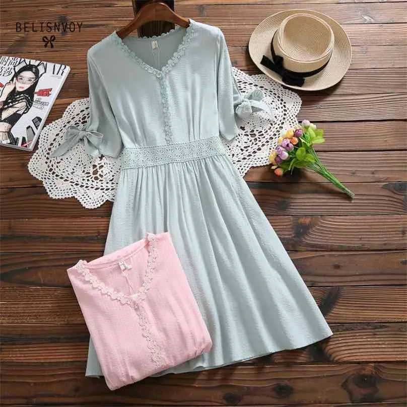 Mori Girl Summer Women Sweet Pink Green Dresses V-Neck Floral Crochet Hollow Out Vestidos Short Sleeve Bow Elegant Ladies Dress 210520