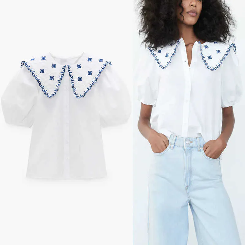 İşlemeli ZA Gömlek Kadın Kısa Puf Kol Ajur Nakış Yaz Bluz Kadınsı Chic Button Up Beyaz Poplin Top 210602
