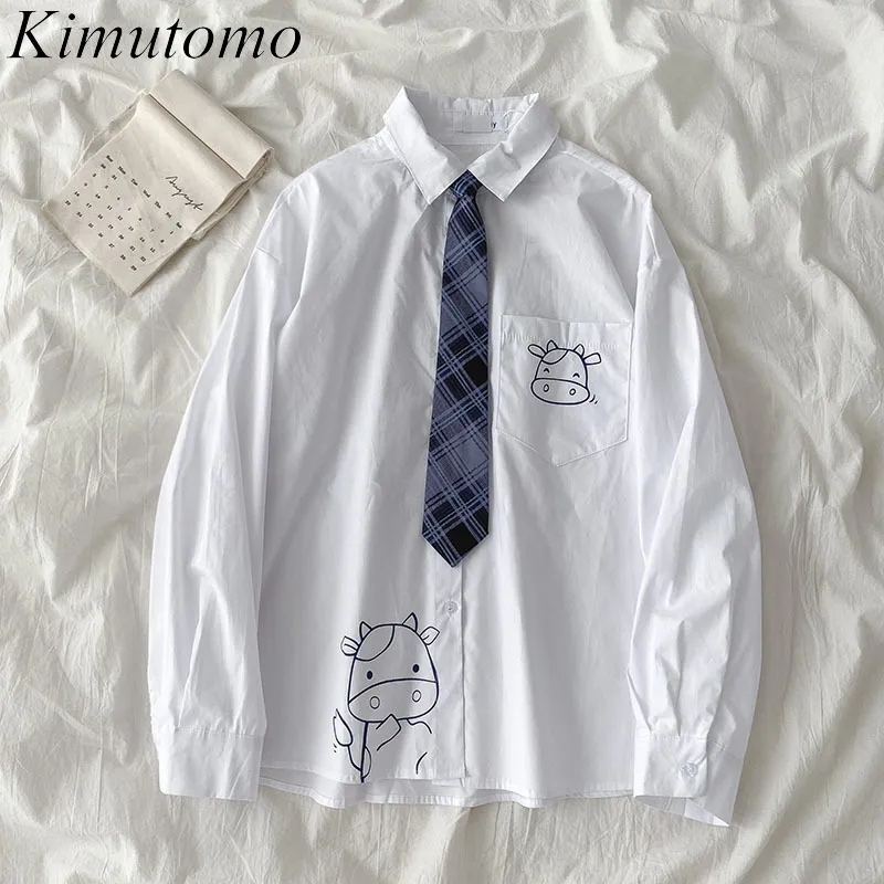 Kimutomo Chic Cartoon Cow Print Blouse Femmes Style coréen Printemps Filles Col rabattu avec cravate Tops Casual 210521