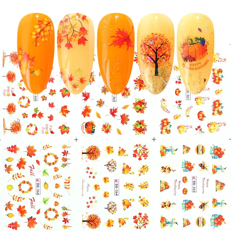 Fall Thanksgiving Unhas adesivos Halloween folha de bordo Abóbora Turquia Transferência de água Nail Art Adesivo para mulheres meninas crianças DIY Decorações