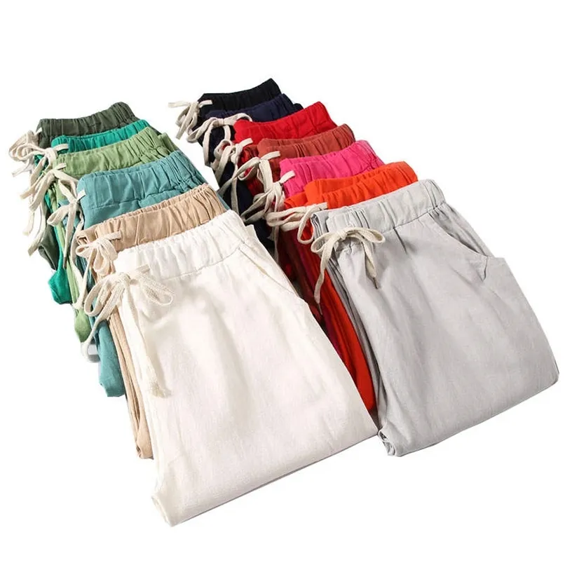 Summer Cotton Linen Harem Pants For Women Lace Up, Candy Colors