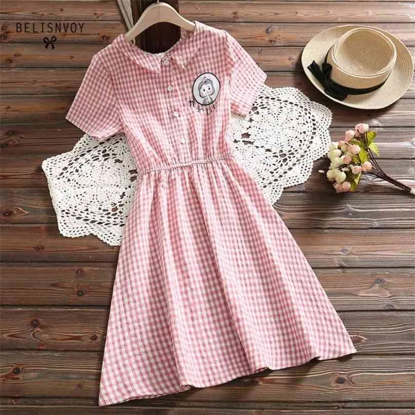 Japanese Mori Girl Summer Dresses Women Peter Pan Collar Pink Yellow Plaid Dress Cartoon Printed Cute Kawaii Sweet Bow 210520