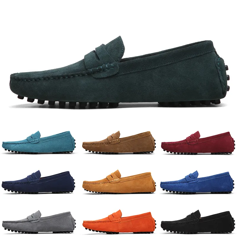 Moda não-marca masculina casual camurça sapatos preto azul escuro vinho vermelho cinza laranja verde marrom masculino deslizamento em sapato de couro preguiçoso 38-45