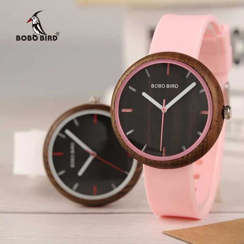 Relogio Feminino Bobo Bird Wood Femmes Montres Silicone Bande Quartz Montres-bracelets dans une boîte-cadeau en bois Reloj Mujer Drop 210616