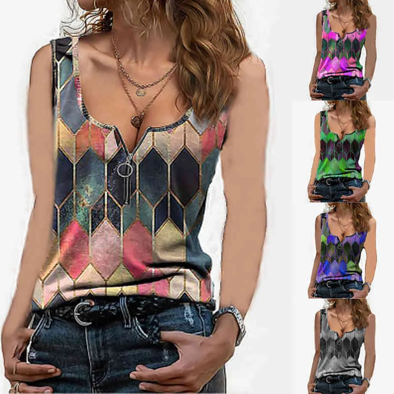 Dorywczo Vintage Kamizelka Topy Damska Letnia Rękawostka Bluzka Geometryczny Print Zip Crew Neck Koszulka X0507