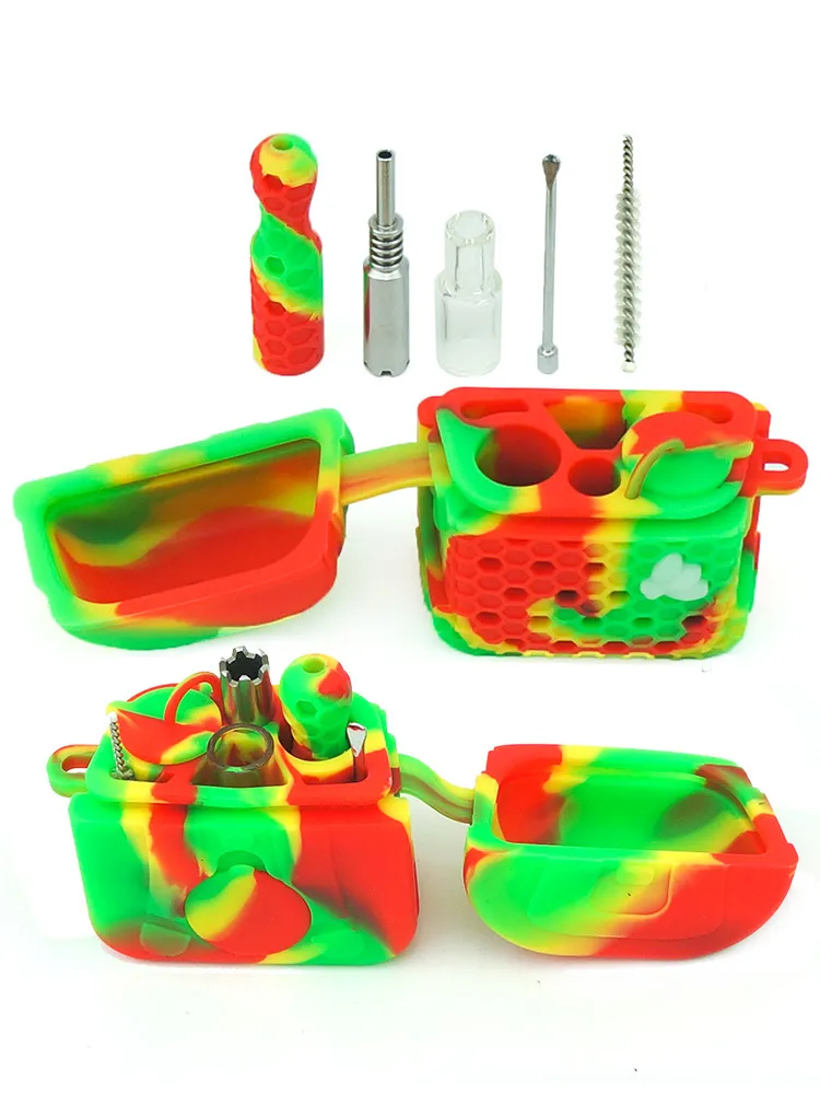 Nouvelle livraison de conception Kit de tuyau de fumée Conteneur de bocal à fumer en silicone outils de plate-forme de dab Ensemble de tuyaux en verre avec bol d'eau pour accessoires de tabac