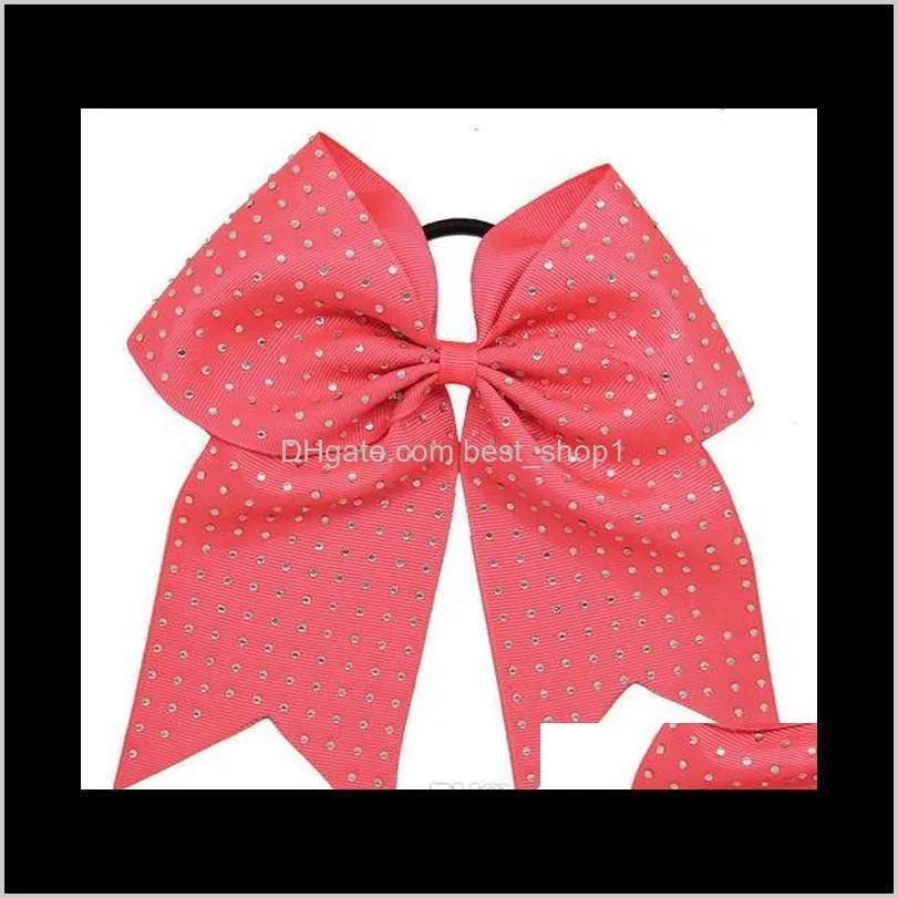 custom boutique handmade large 8 inch big rhinestones bow cheerleading hair accessories grosgrain cheer bow with elastic bands 15pcs