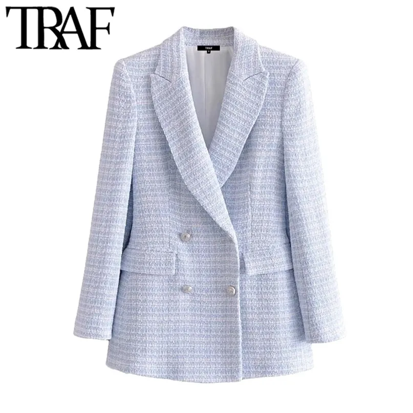 TRAF femmes mode Double boutonnage Tweed vérifier Blazer manteau Vintage à manches longues poches vêtements de dessus pour femmes Chic Veste 211122