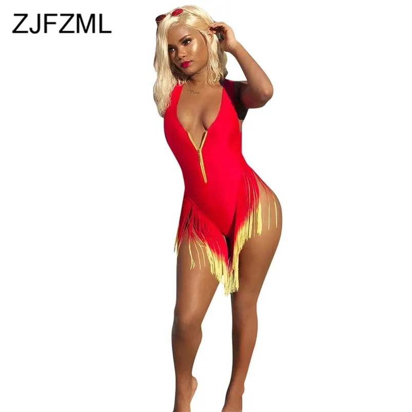 Gradient Tassels Sexy Beach Body Kobiety Głębokie V Neck Bez Rękawów Skinny Ogólny Lato Front Zipper Bodycon Playsuit 210720