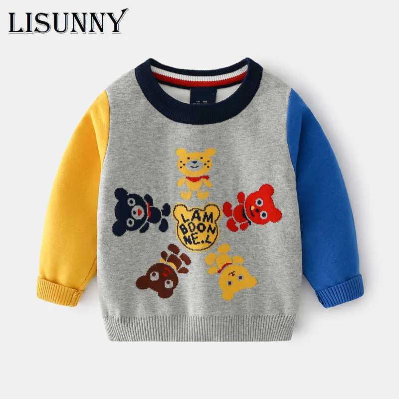 2T-8T Boys Tröjor 2021 Höst Vinter Baby Stickad Tröja Jumper Barn Pullover Toddler Kids Kläder Tecknad Bär Jacquard Y1024