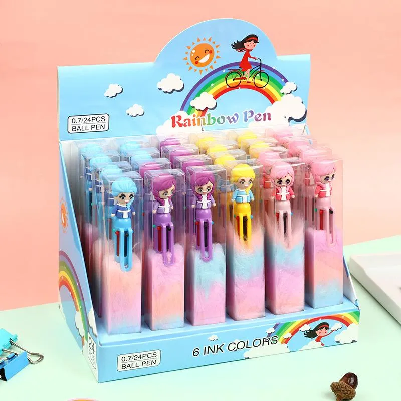 Stylos à bille 24 pièces/lot Kawaii princesse 6 couleurs stylo mignon peluche presse balle école bureau fournitures d'écriture papeterie cadeau