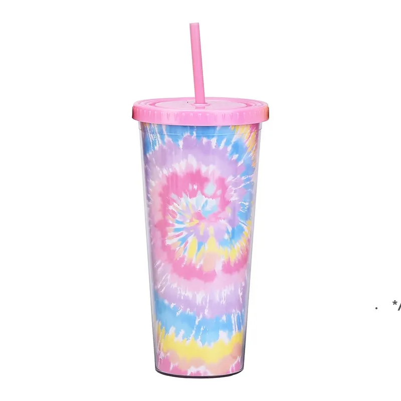 Vaso de teñido anudado de 24 oz con tapa y pajita reutilizable Taza de viaje con aislamiento de doble pared colorida SEAWAY KKF8687