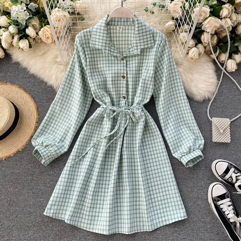 Mulheres retrô xadrez blusas vestido outono elegante doce sopro manga lace up vestido estilo coreano inswing vestido curto 210419