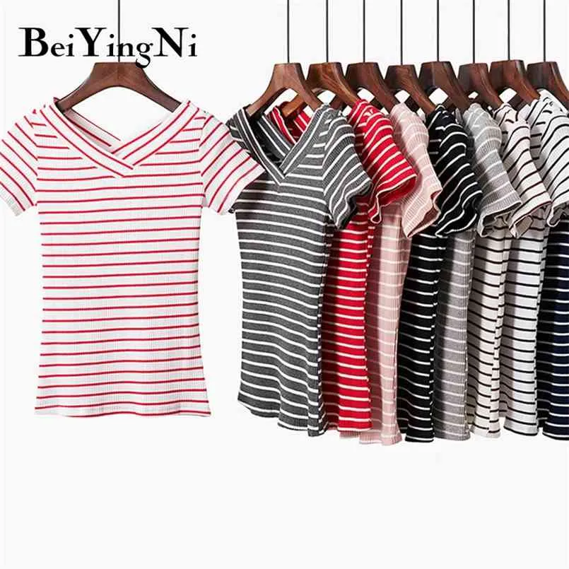 Stickad T-shirt Kvinna V-Neck Sommar Kortärmad Tshirt Kvinnor Vintage Plus Storlek Striped Tee Toppar Kvinna Kläder 210506